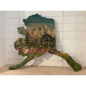 Vintage 1979 Alaska Shaped 3D Hand‎ Painted Signed Wood Clock Art Sculpture READ